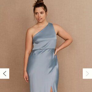BHLDN Dylan One-Shoulder Satin Side-Slit Gown Dusty Blue 18W NWT